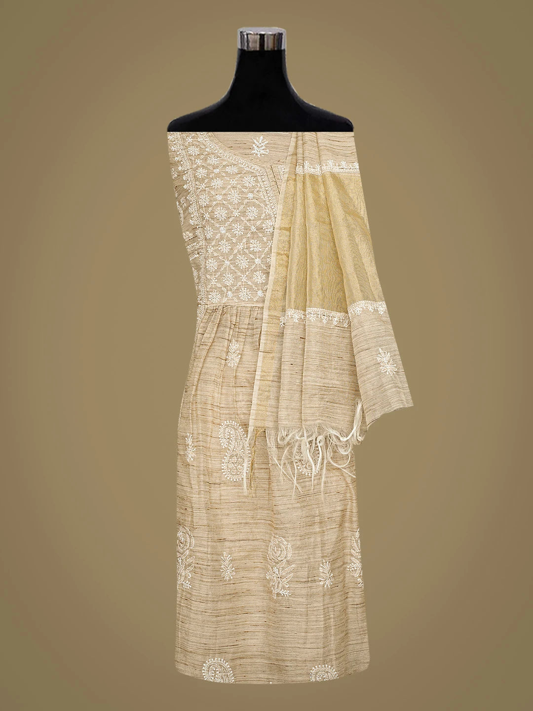 Ada Hand Embroidered Fawn Khadi Chanderi Lucknowi Chikankari Semi-stitched Kurta Dupatta Set 01A596540