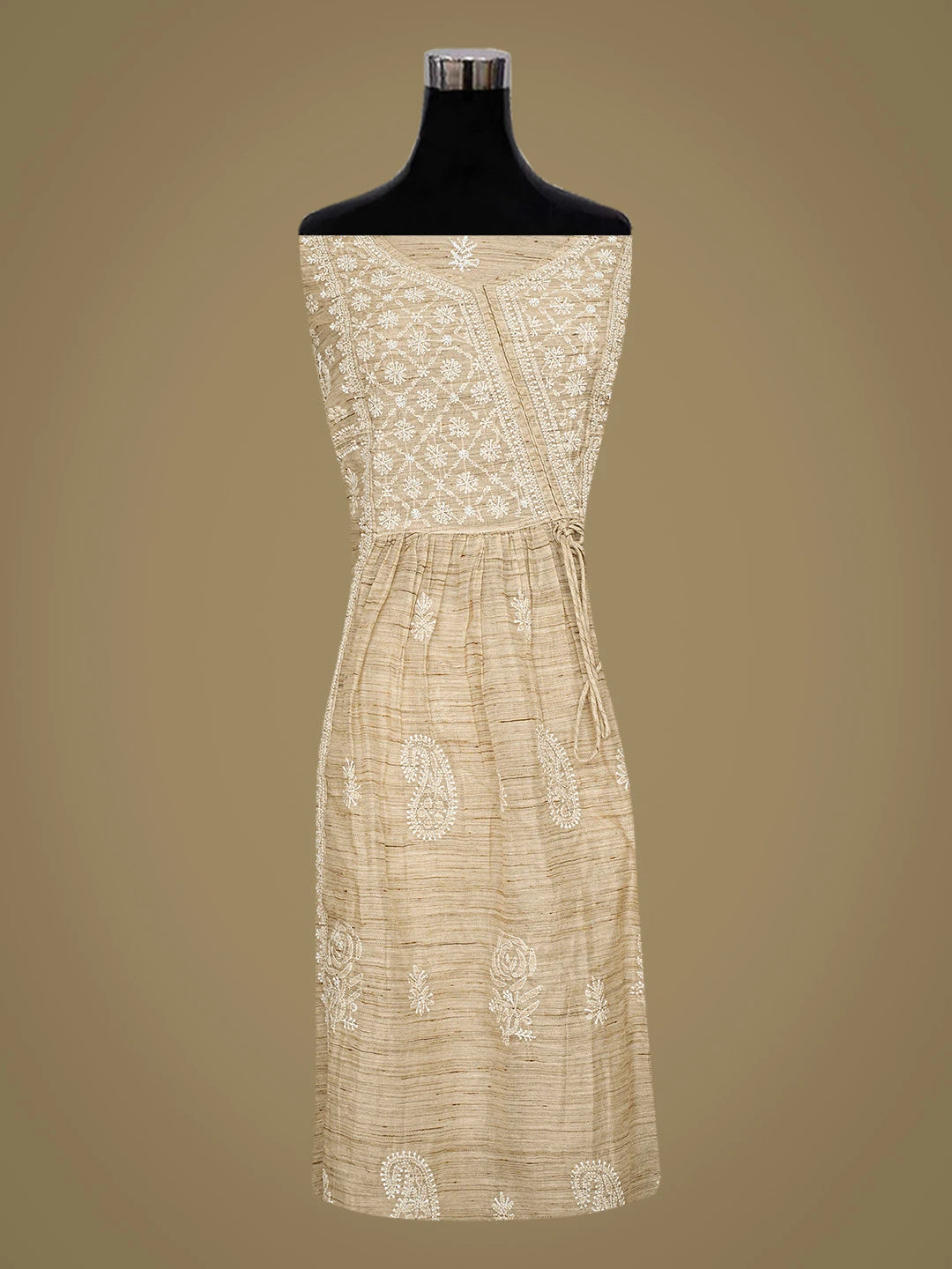 Ada Hand Embroidered Fawn Khadi Chanderi Lucknowi Chikankari Semi-stitched Kurta Dupatta Set 01A596540