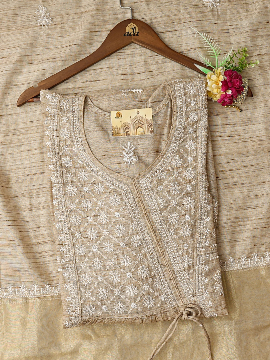 Ada Hand Embroidered Fawn Khadi Chanderi Lucknowi Chikankari Semi-stitched Kurta Dupatta Set 01A596540