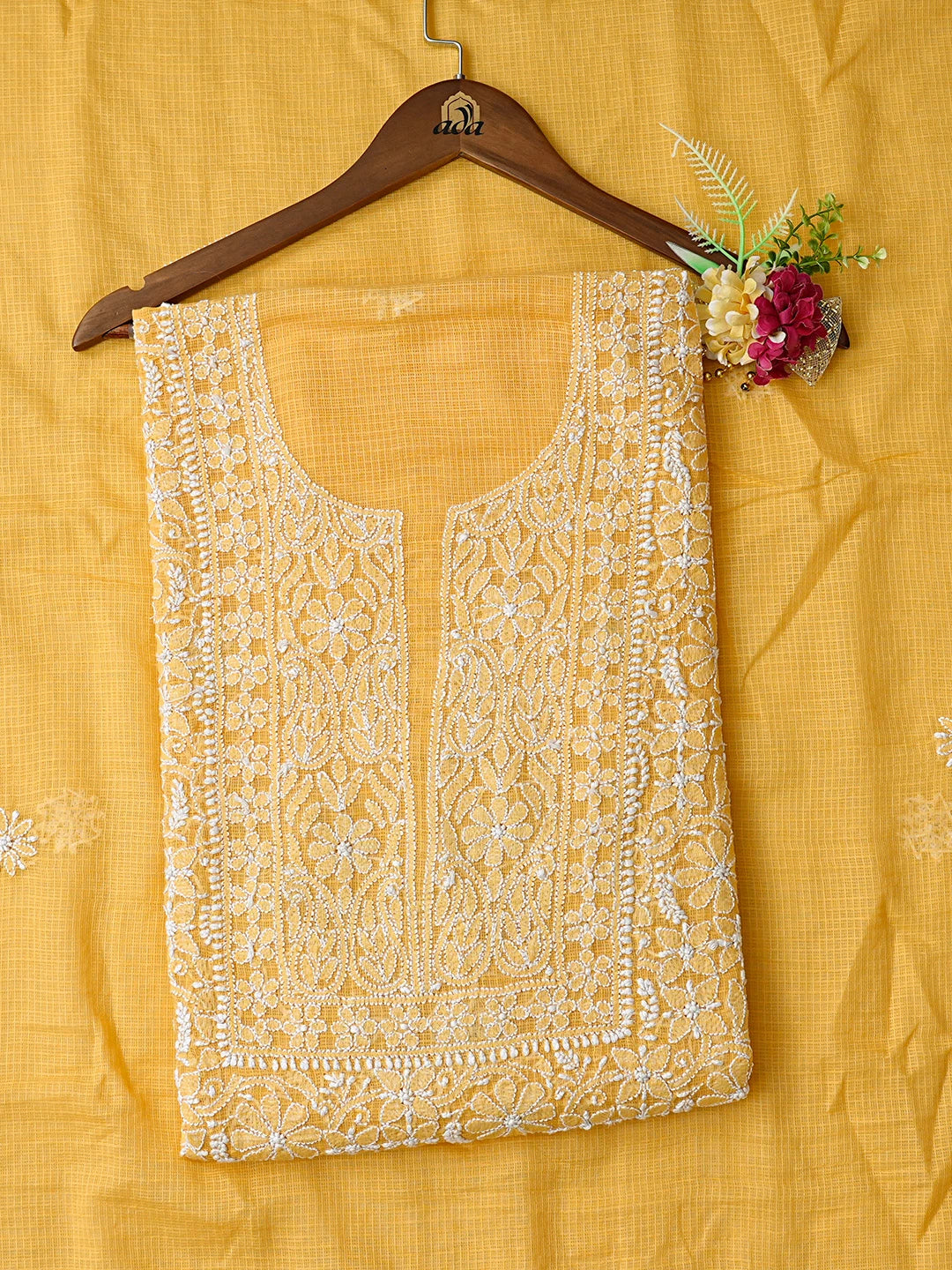 Ada Hand Embroidered Yellow Kota Lucknowi Chikankari Unstitched Kurta Dupatta Set 01A581958