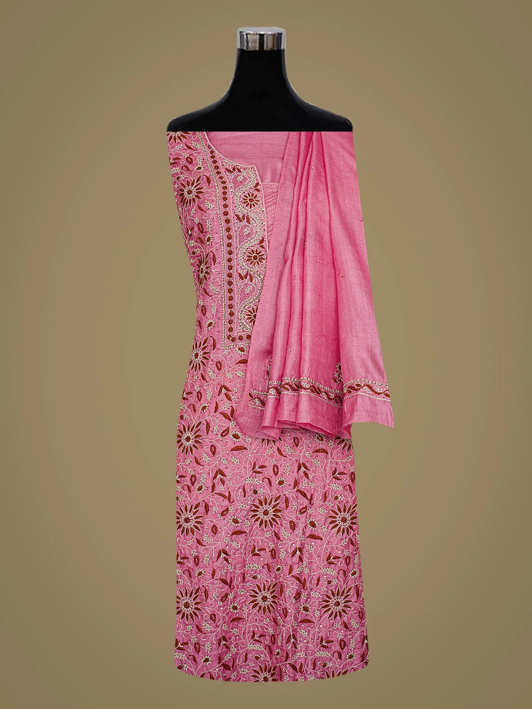 Ada Hand Embroidered Deep Pink Silk Lucknowi Chikankari Unstitched Kurta Dupatta Set With Cutdana Work 01A782800