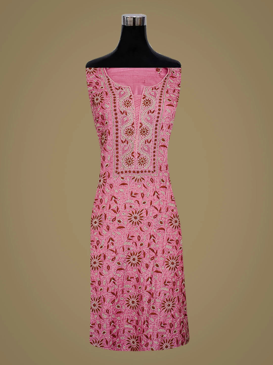 Ada Hand Embroidered Deep Pink Silk Lucknowi Chikankari Unstitched Kurta Dupatta Set With Cutdana Work 01A782800
