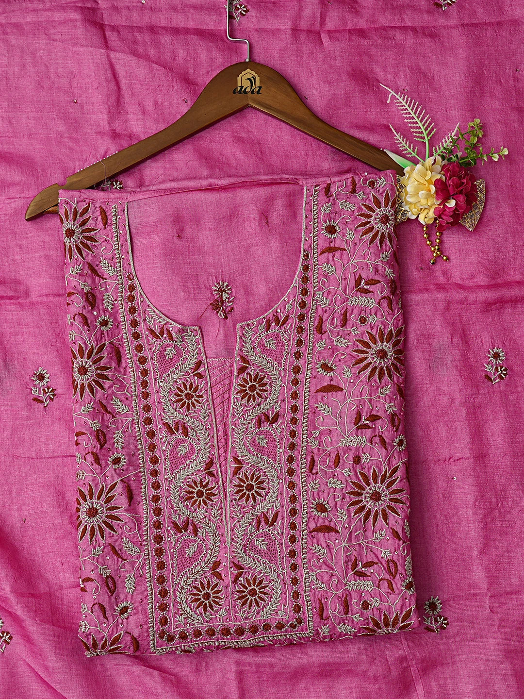 Ada Hand Embroidered Deep Pink Silk Lucknowi Chikankari Unstitched Kurta Dupatta Set With Cutdana Work 01A782800