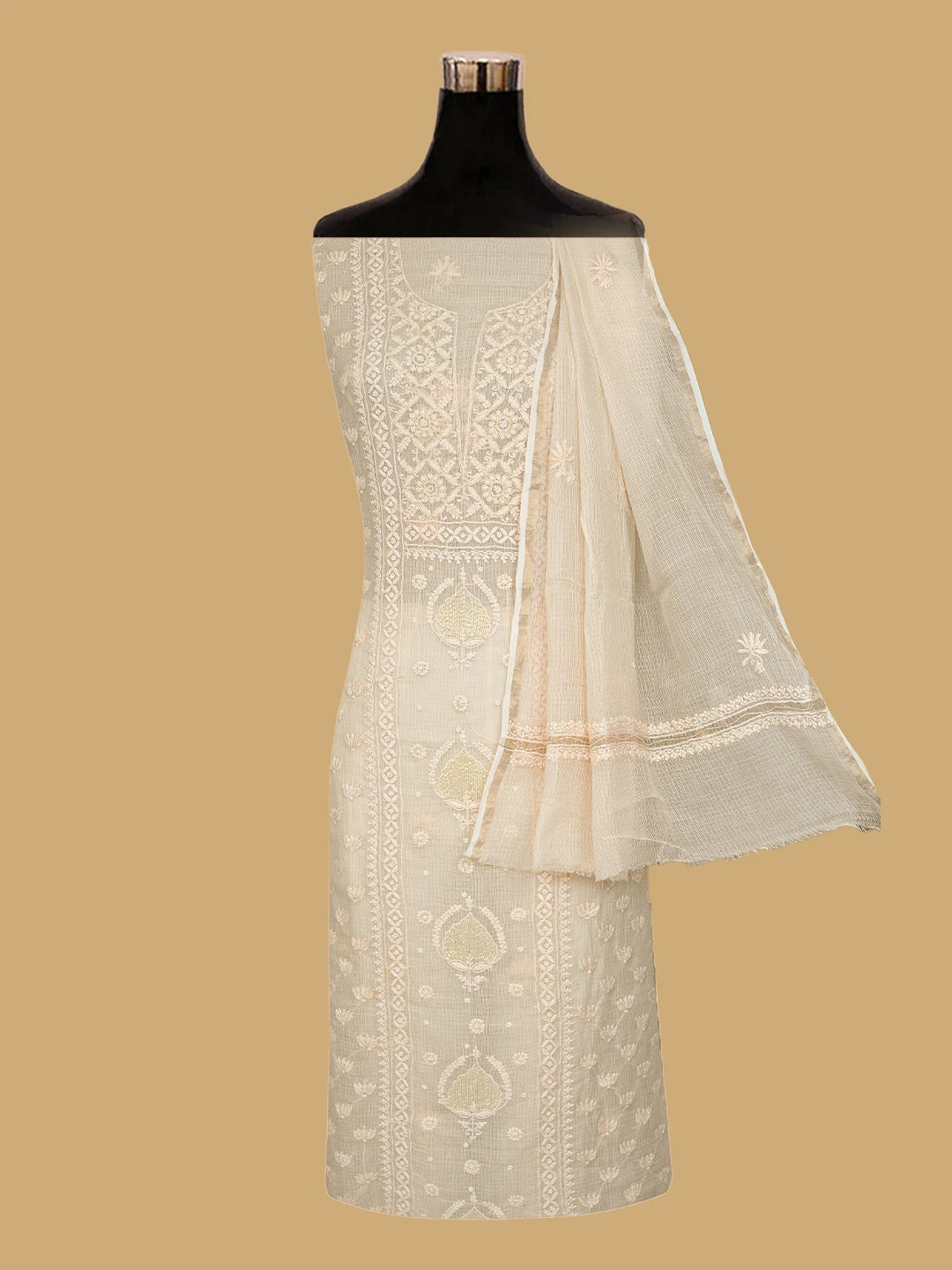 Ada Hand Embroidered Buff Fawn Kota Lucknowi Chikankari Unstitched Suit Piece With Cutdana Work 01A825293