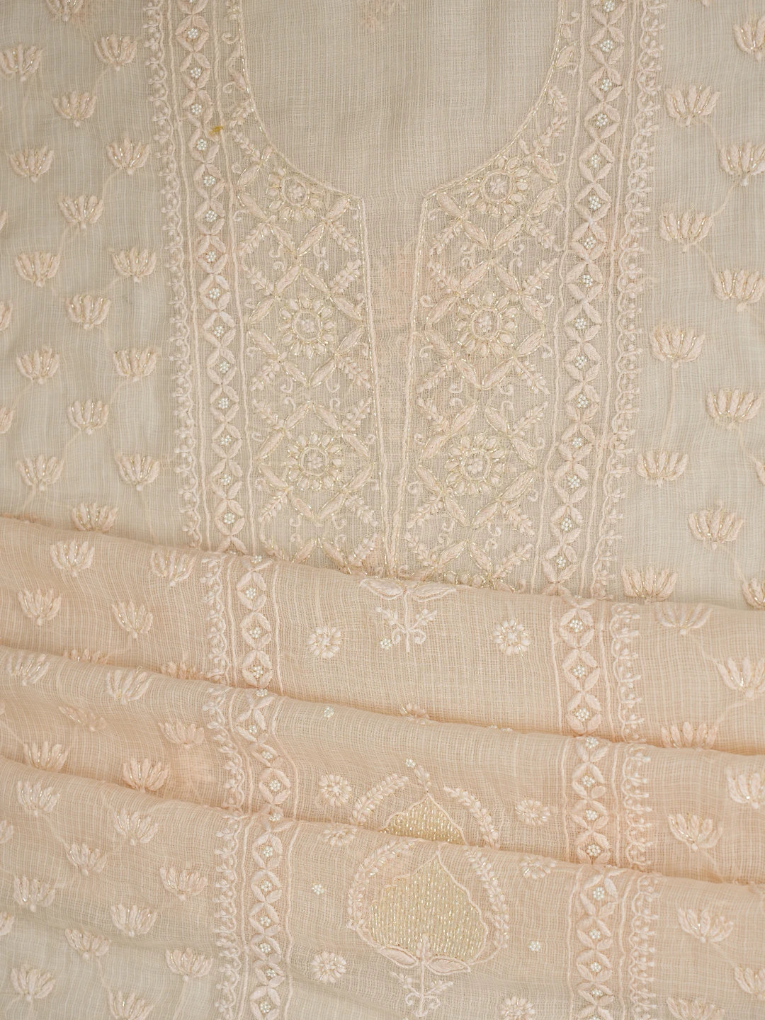 Ada Hand Embroidered Buff Fawn Kota Lucknowi Chikankari Unstitched Suit Piece With Cutdana Work 01A825293
