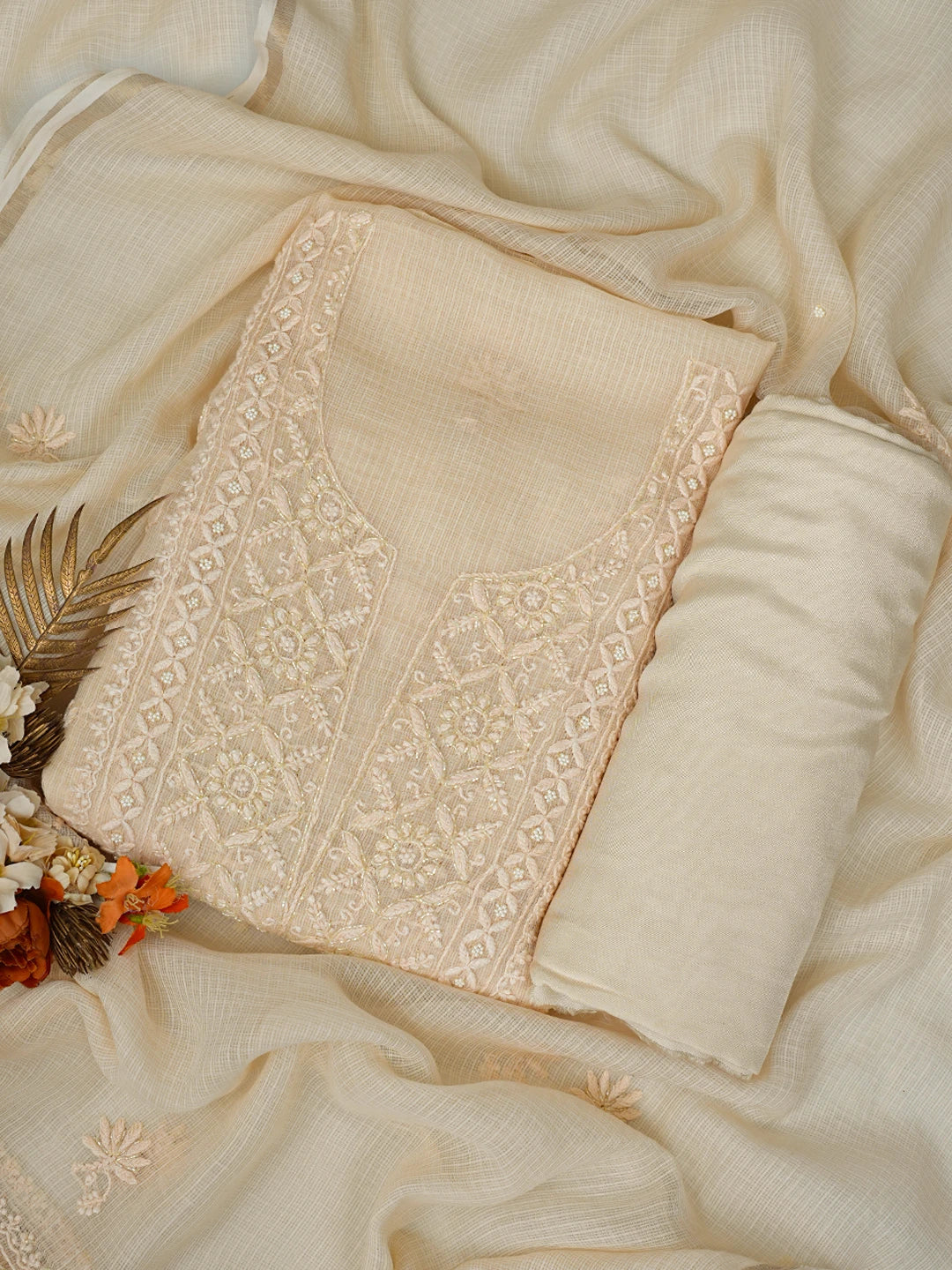 Ada Hand Embroidered Buff Fawn Kota Lucknowi Chikankari Unstitched Suit Piece With Cutdana Work 01A825293
