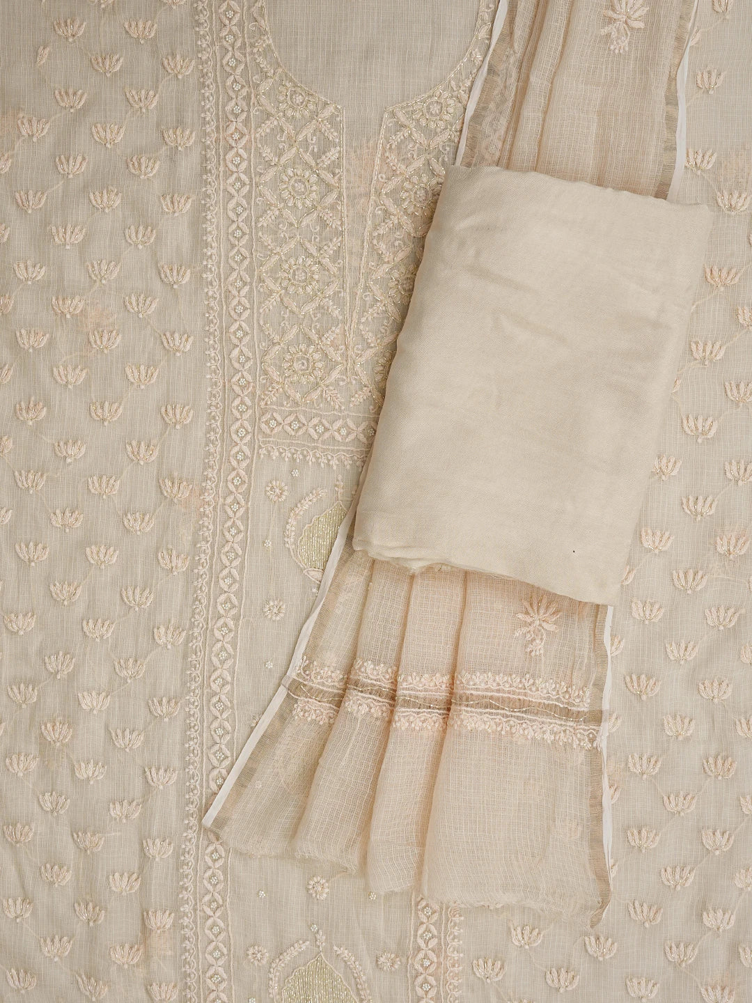 Ada Hand Embroidered Buff Fawn Kota Lucknowi Chikankari Unstitched Suit Piece With Cutdana Work 01A825293