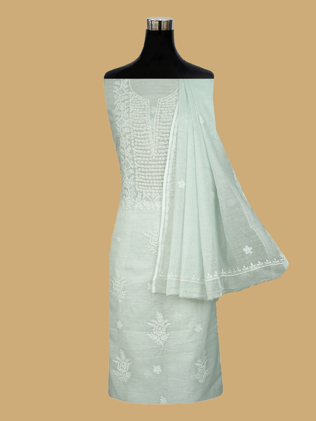 Ada Hand Embroidered Celadon Green Kota Lucknowi Chikankari Unstitched Kurta Dupatta Set With Cutdana Work 01A812193