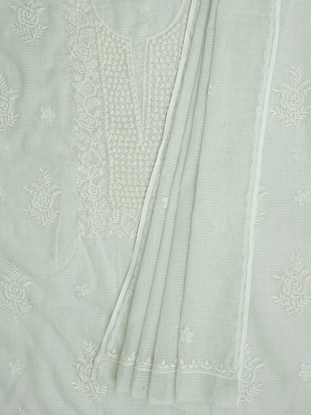 Ada Hand Embroidered Celadon Green Kota Lucknowi Chikankari Unstitched Kurta Dupatta Set With Cutdana Work 01A812193
