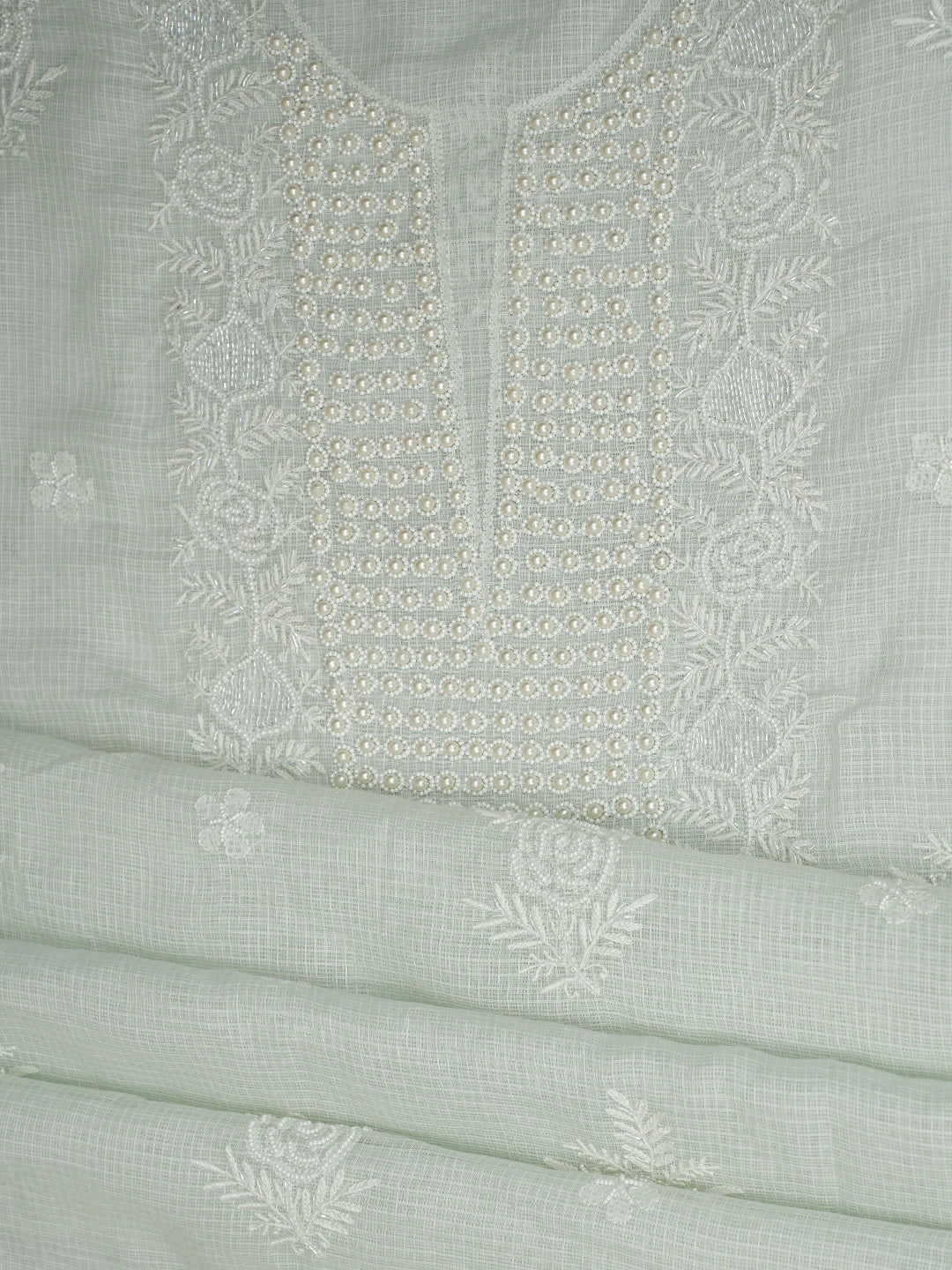 Ada Hand Embroidered Celadon Green Kota Lucknowi Chikankari Unstitched Kurta Dupatta Set With Cutdana Work 01A812193