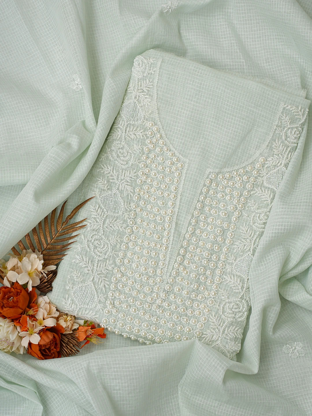 Ada Hand Embroidered Celadon Green Kota Lucknowi Chikankari Unstitched Kurta Dupatta Set With Cutdana Work 01A812193