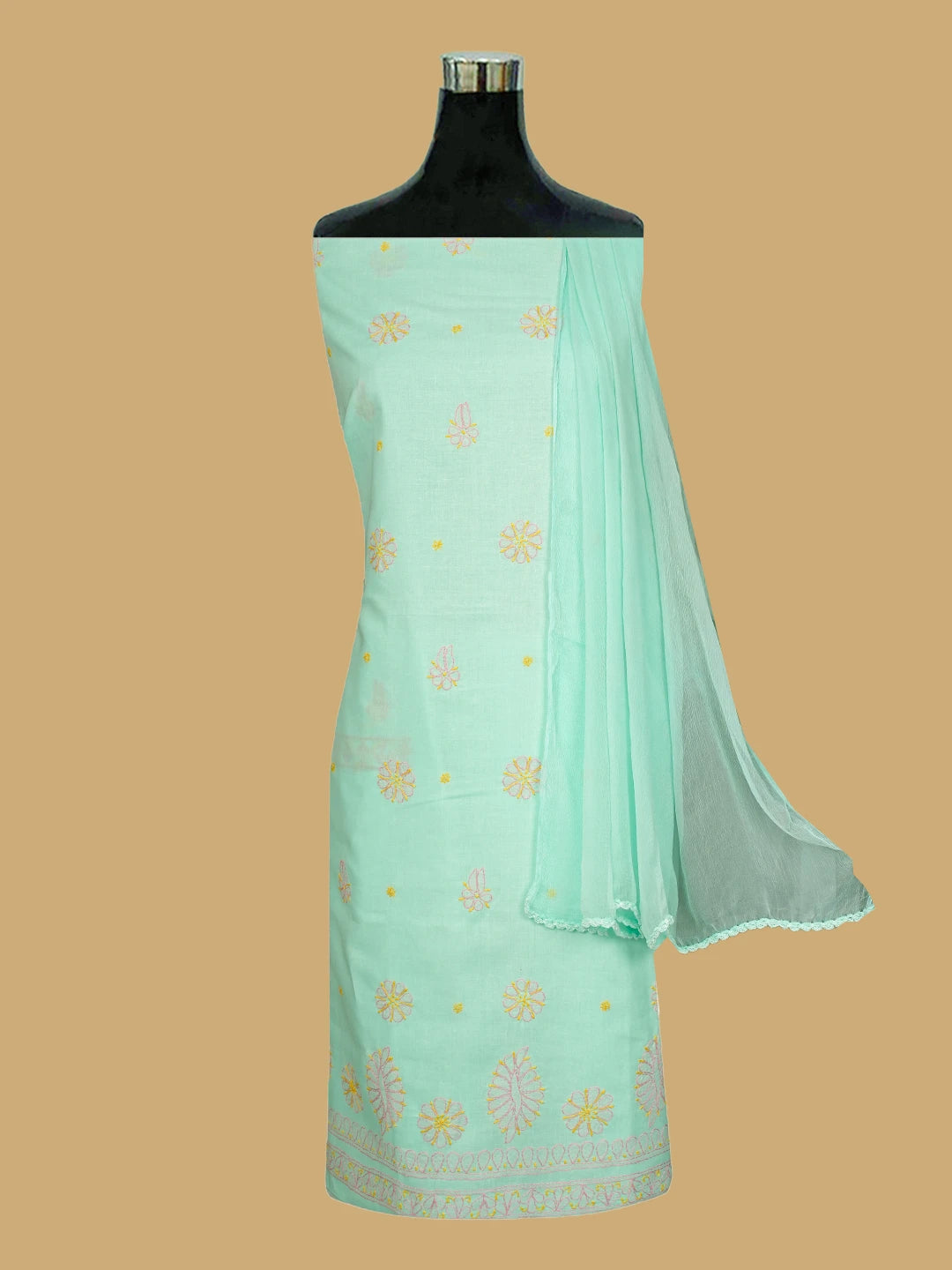 Ada Hand Embroidered Sea Green Cotton Lucknowi Chikankari Unstitched Suit Piece 01A818713