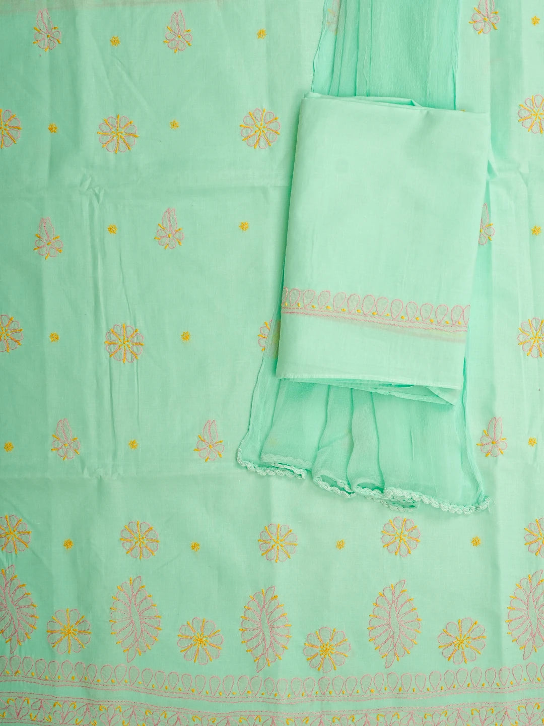 Ada Hand Embroidered Sea Green Cotton Lucknowi Chikankari Unstitched Suit Piece 01A818713