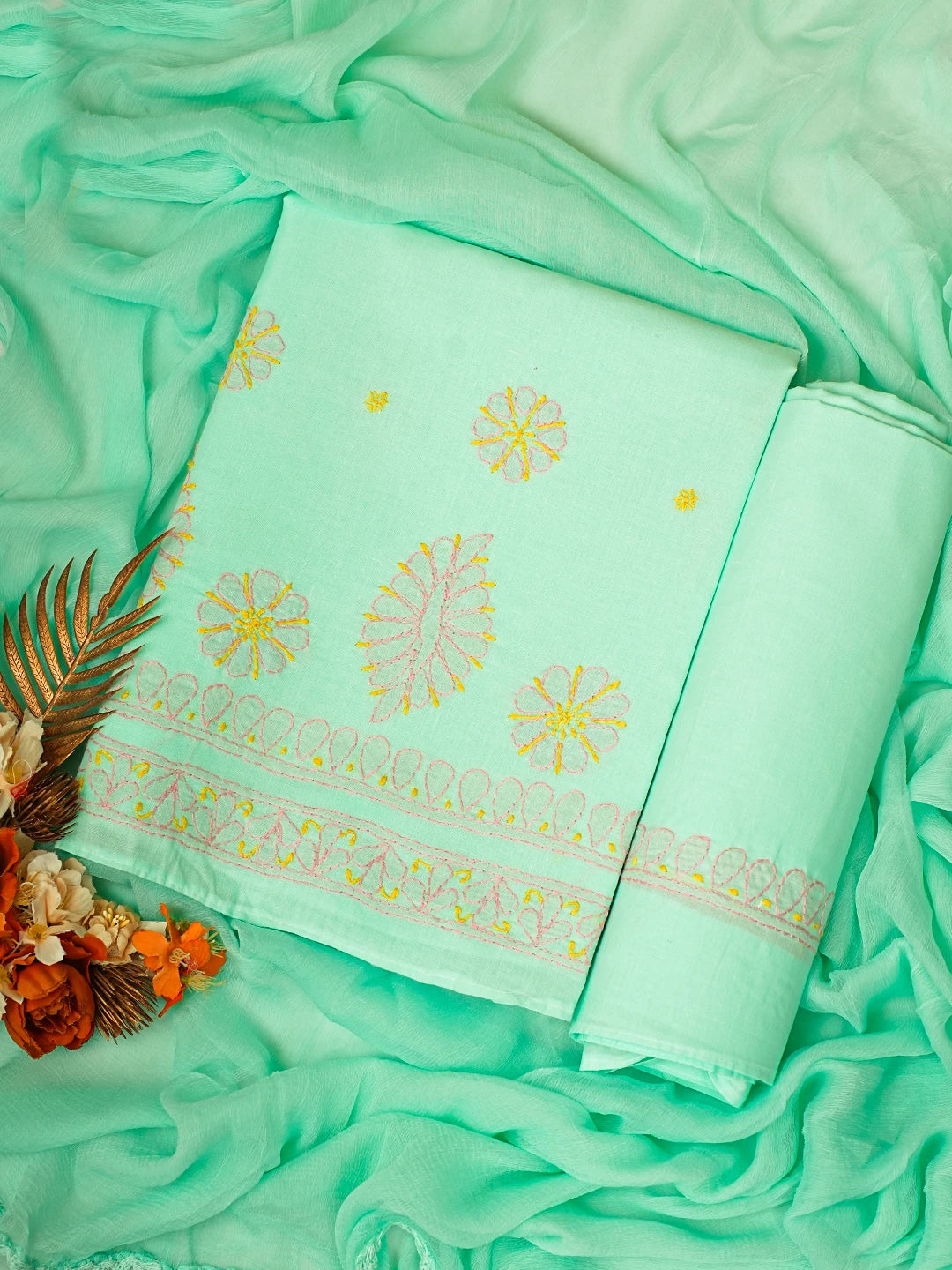 Ada Hand Embroidered Sea Green Cotton Lucknowi Chikankari Unstitched Suit Piece 01A818713