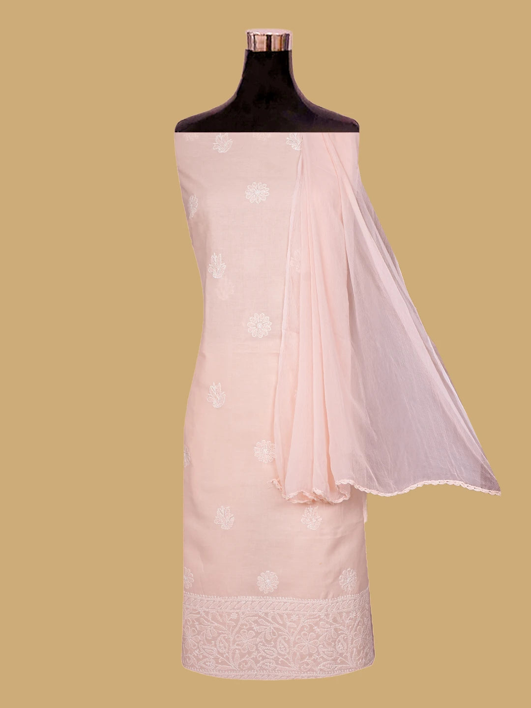 Ada Hand Embroidered Peach Cotton Lucknowi Chikankari Unstitched Suit Piece 01A818664