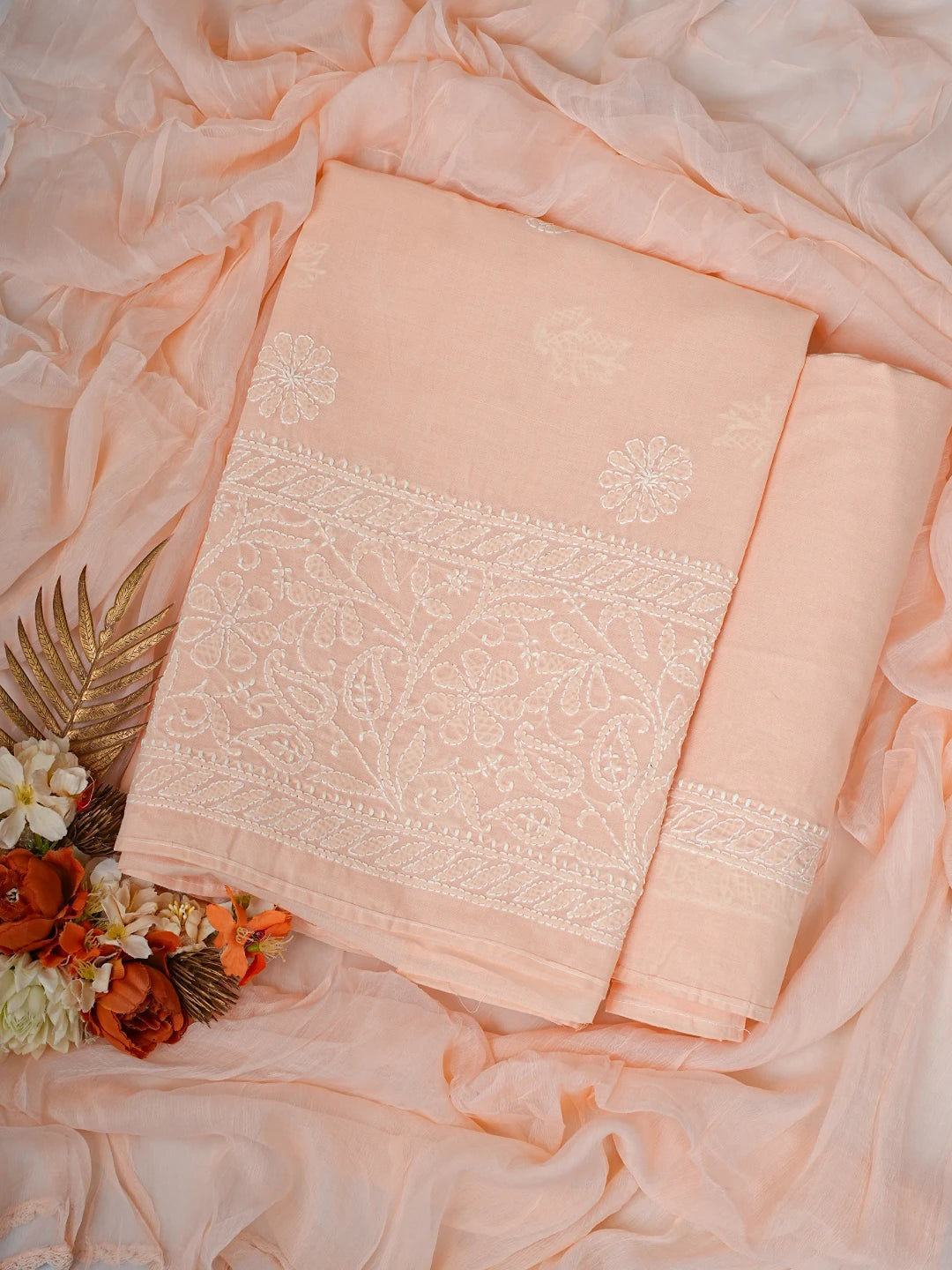 Ada Hand Embroidered Peach Cotton Lucknowi Chikankari Unstitched Suit Piece 01A818664
