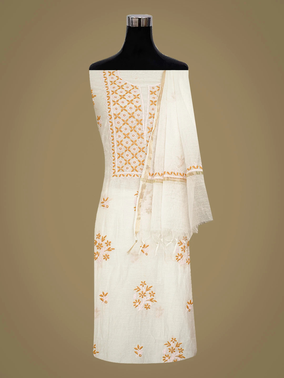 Ada Hand Embroidered White Chanderi Lucknowi Chikankari Unstitched Kurta Dupatta Set 01A741724