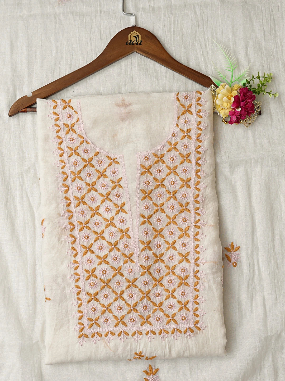 Ada Hand Embroidered White Chanderi Lucknowi Chikankari Unstitched Kurta Dupatta Set 01A741724