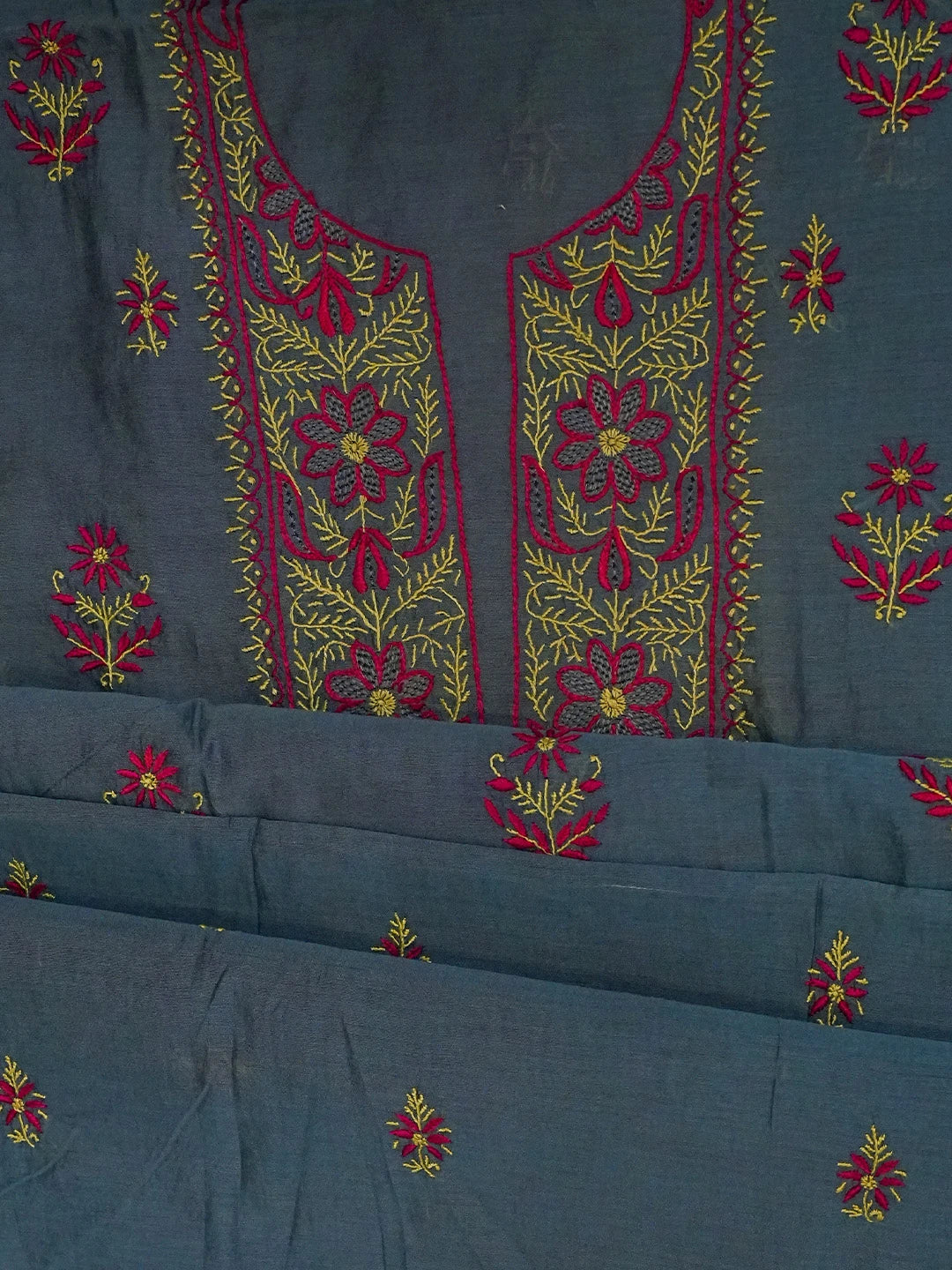 Ada Hand Embroidered Payne's Grey Chanderi Lucknowi Chikankari Unstitched Kurta Piece 01A737686