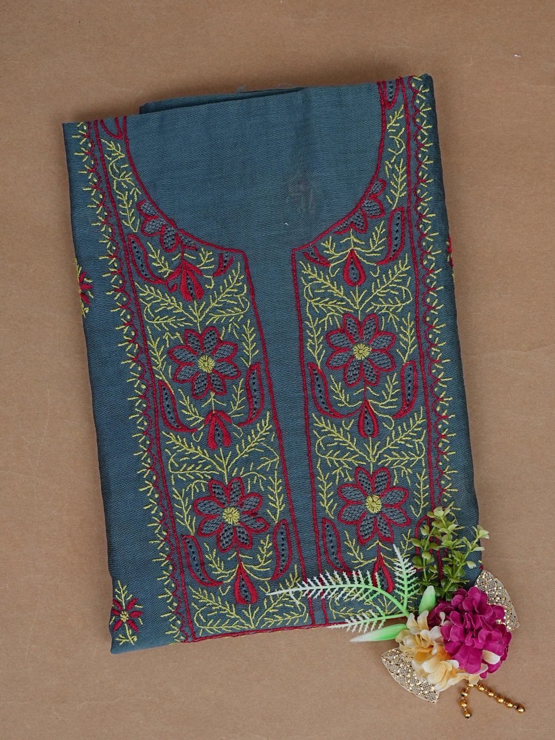 Ada Hand Embroidered Payne's Grey Chanderi Lucknowi Chikankari Unstitched Kurta Piece 01A737686