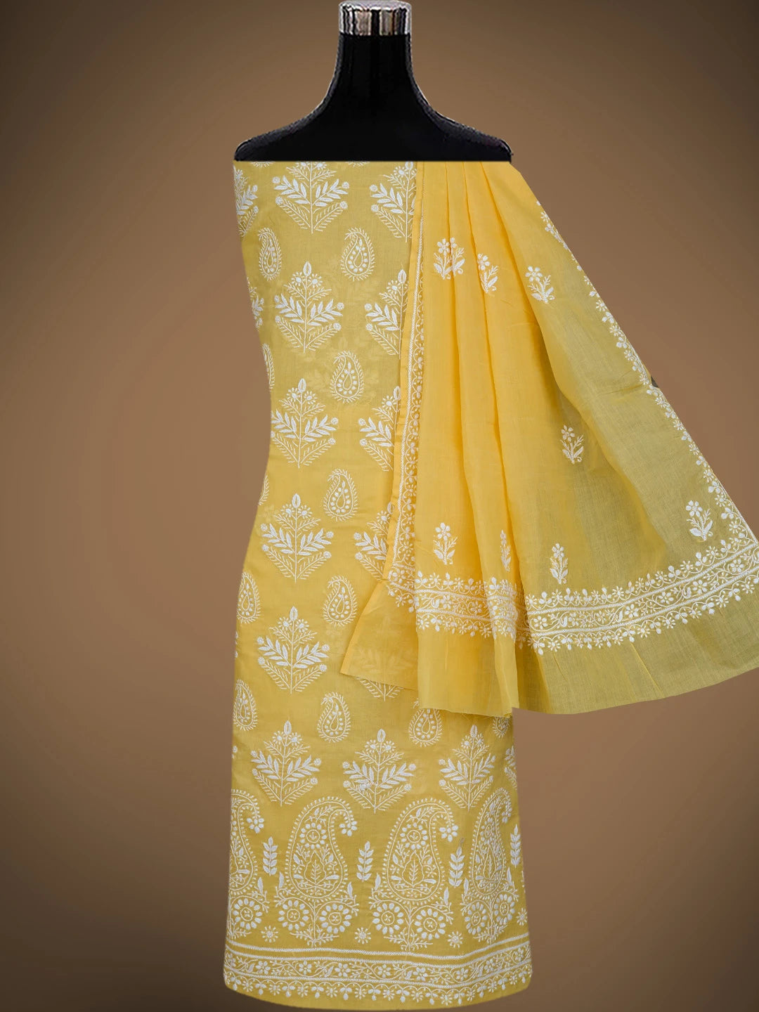Ada Hand Embroidered Yellow Cotton Lucknowi Chikankari Unstitched Suit Piece 01A767866