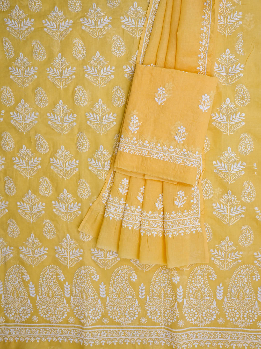 Ada Hand Embroidered Yellow Cotton Lucknowi Chikankari Unstitched Suit Piece 01A767866
