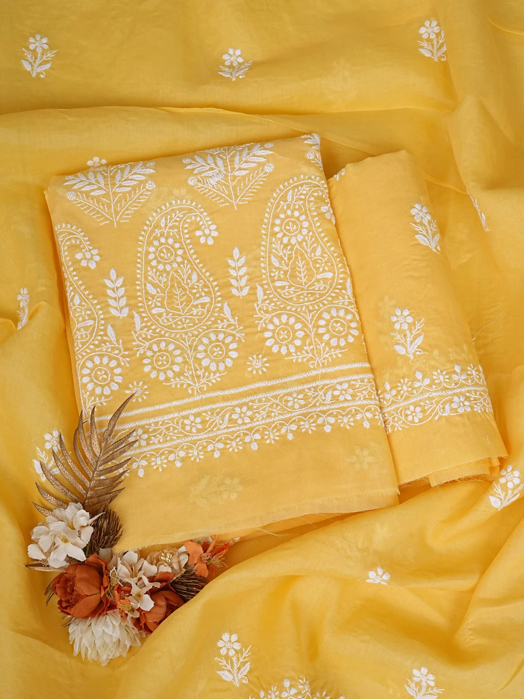 Ada Hand Embroidered Yellow Cotton Lucknowi Chikankari Unstitched Suit Piece 01A767866