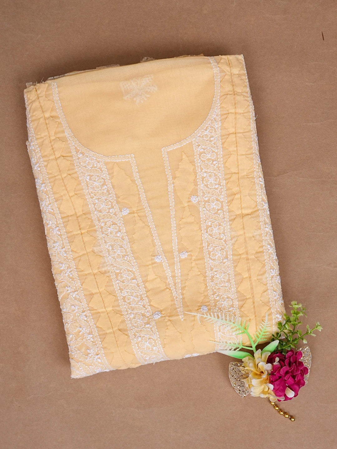 Ada Hand Embroidered Beige Cotton Lucknowi Chikankari Unstitched Kurta Piece 01A772801