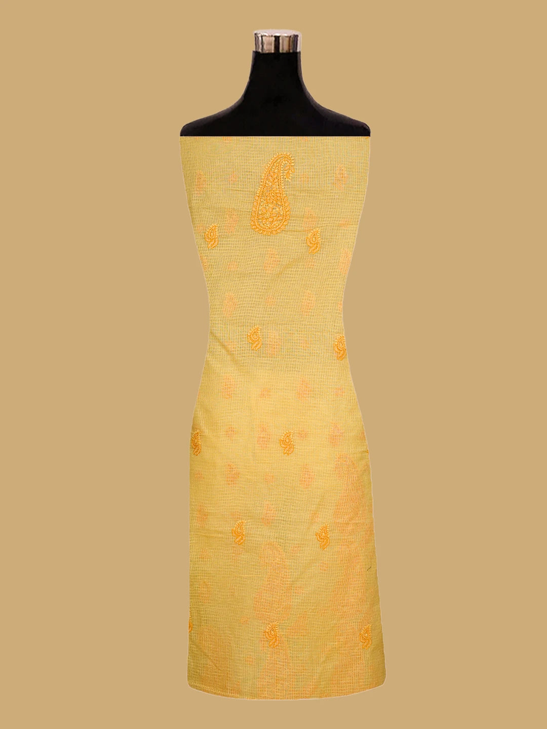 Ada Hand Embroidered Mustard Kota Lucknowi Chikankari Unstitched Kurta Dupatta Set 01A581923