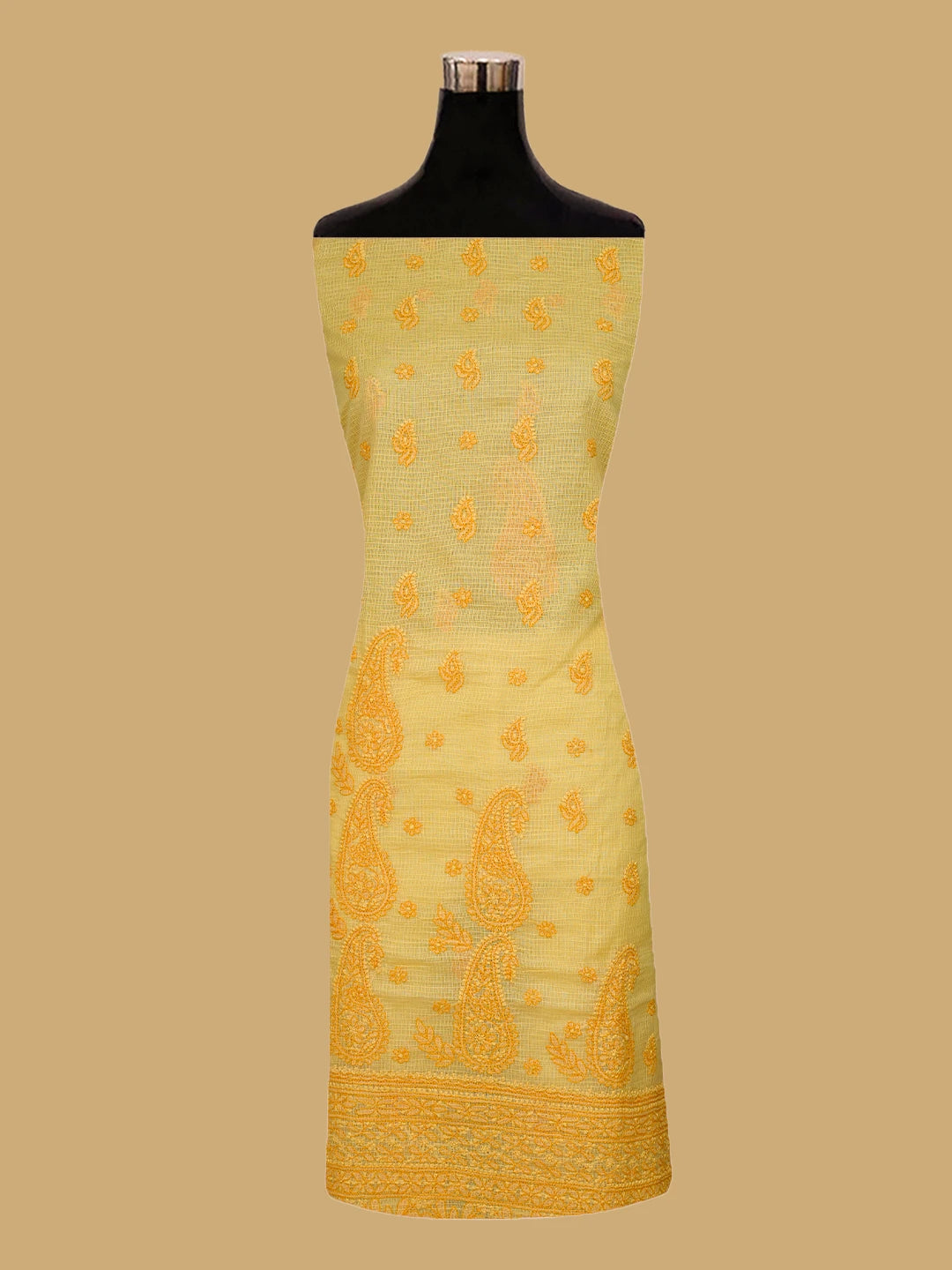 Ada Hand Embroidered Mustard Kota Lucknowi Chikankari Unstitched Kurta Dupatta Set 01A581923