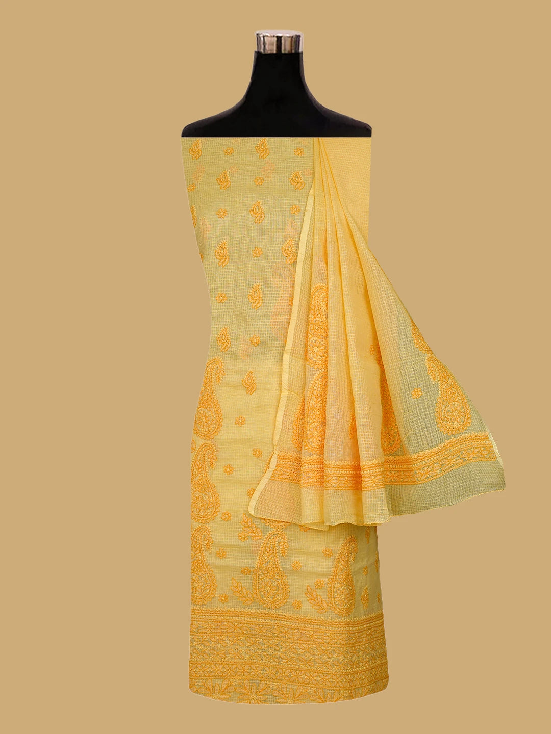 Ada Hand Embroidered Mustard Kota Lucknowi Chikankari Unstitched Kurta Dupatta Set 01A581923