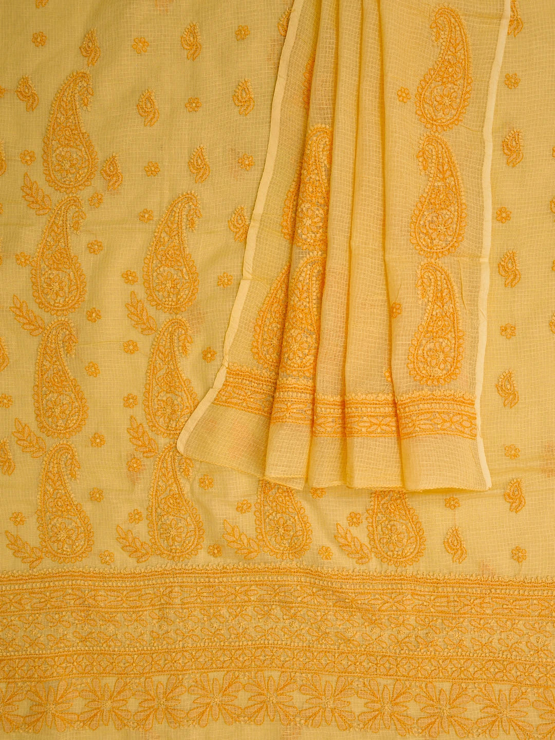 Ada Hand Embroidered Mustard Kota Lucknowi Chikankari Unstitched Kurta Dupatta Set 01A581923