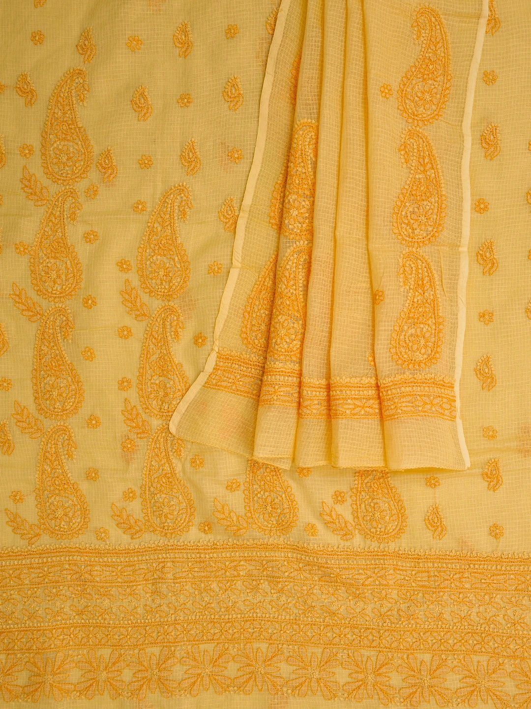 Ada Hand Embroidered Mustard Kota Lucknowi Chikankari Unstitched Kurta Dupatta Set 01A581923