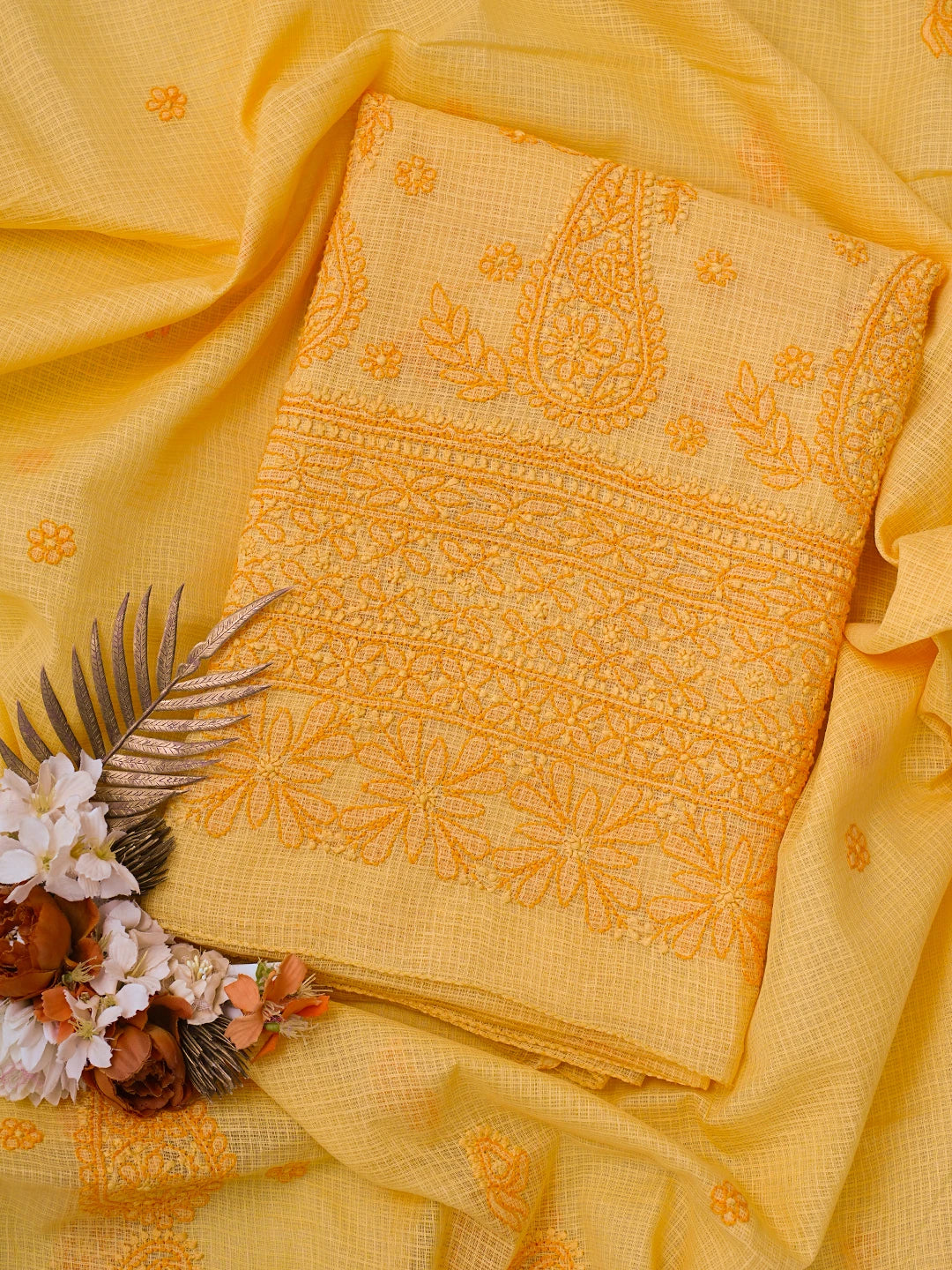 Ada Hand Embroidered Mustard Kota Lucknowi Chikankari Unstitched Kurta Dupatta Set 01A581923