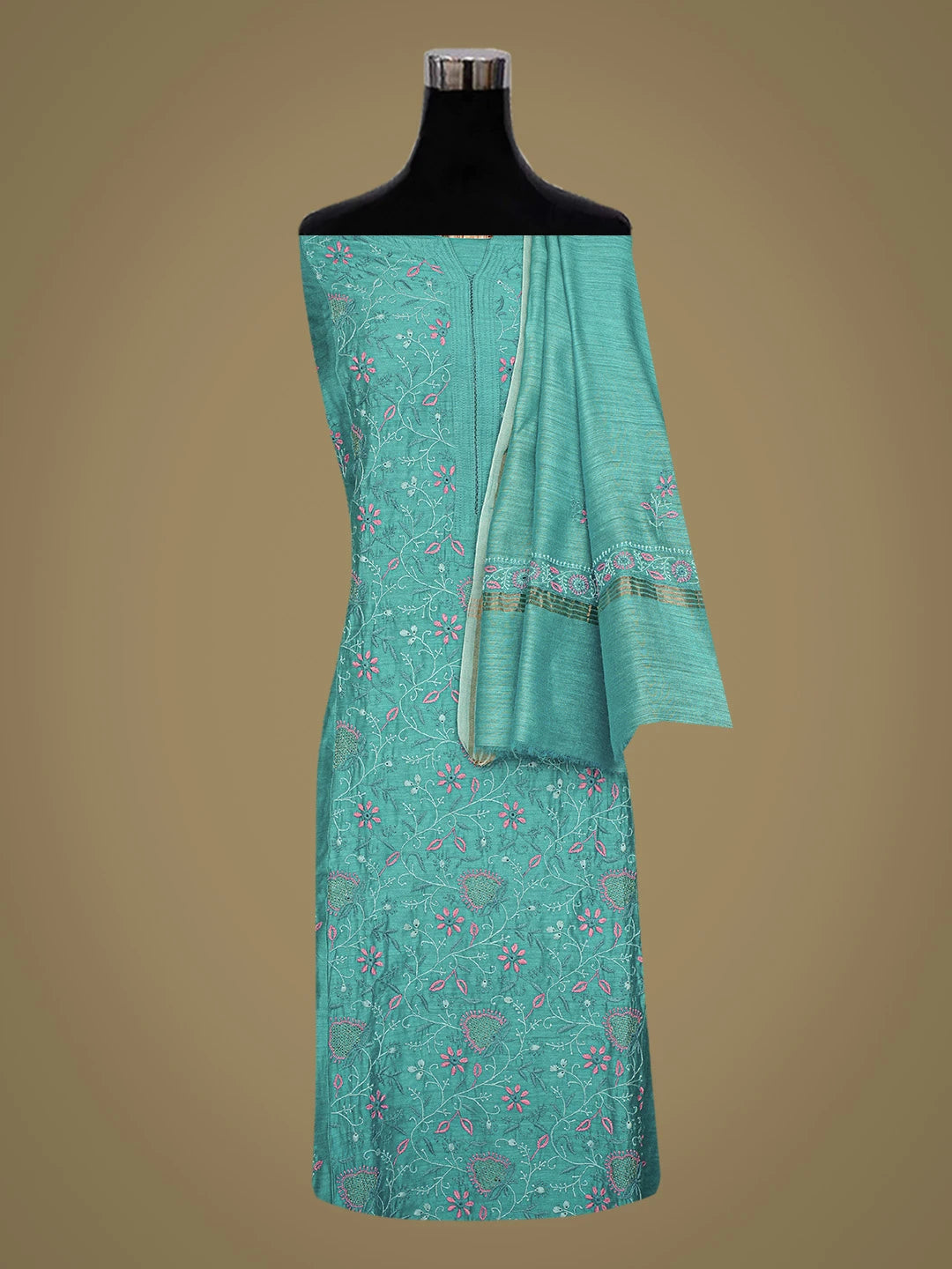 Ada Hand Embroidered Blue Moonga Silk Lucknowi Chikankari Semi-stitched Suit Piece With Zari Taar Work 01A749400