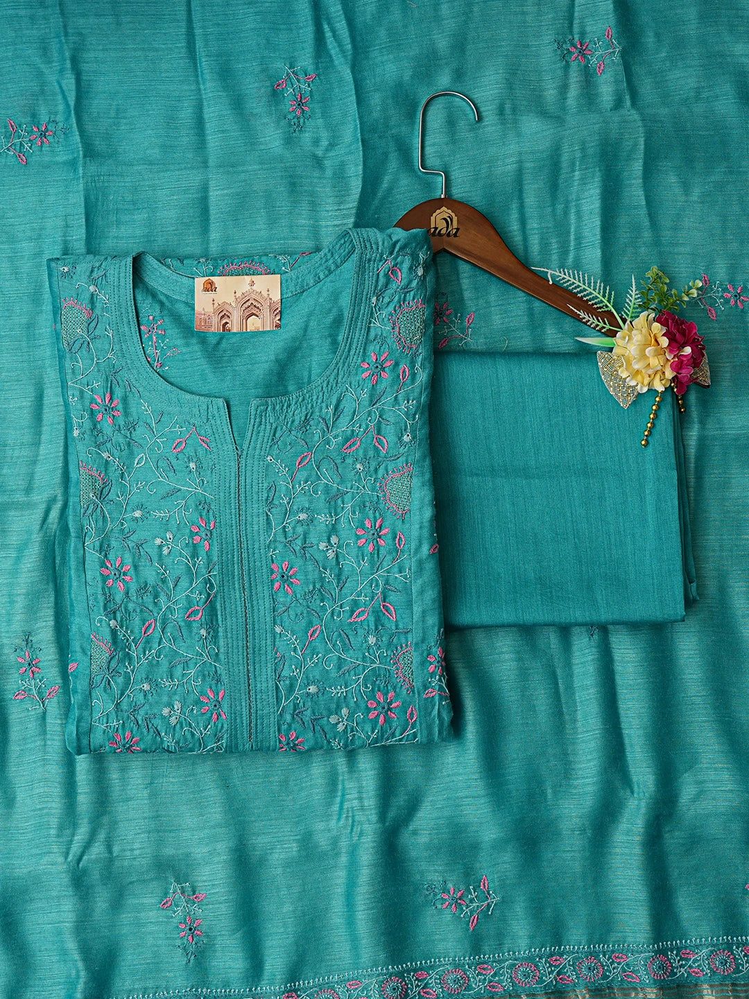 Ada Hand Embroidered Blue Moonga Silk Lucknowi Chikankari Semi-stitched Suit Piece With Zari Taar Work 01A749400