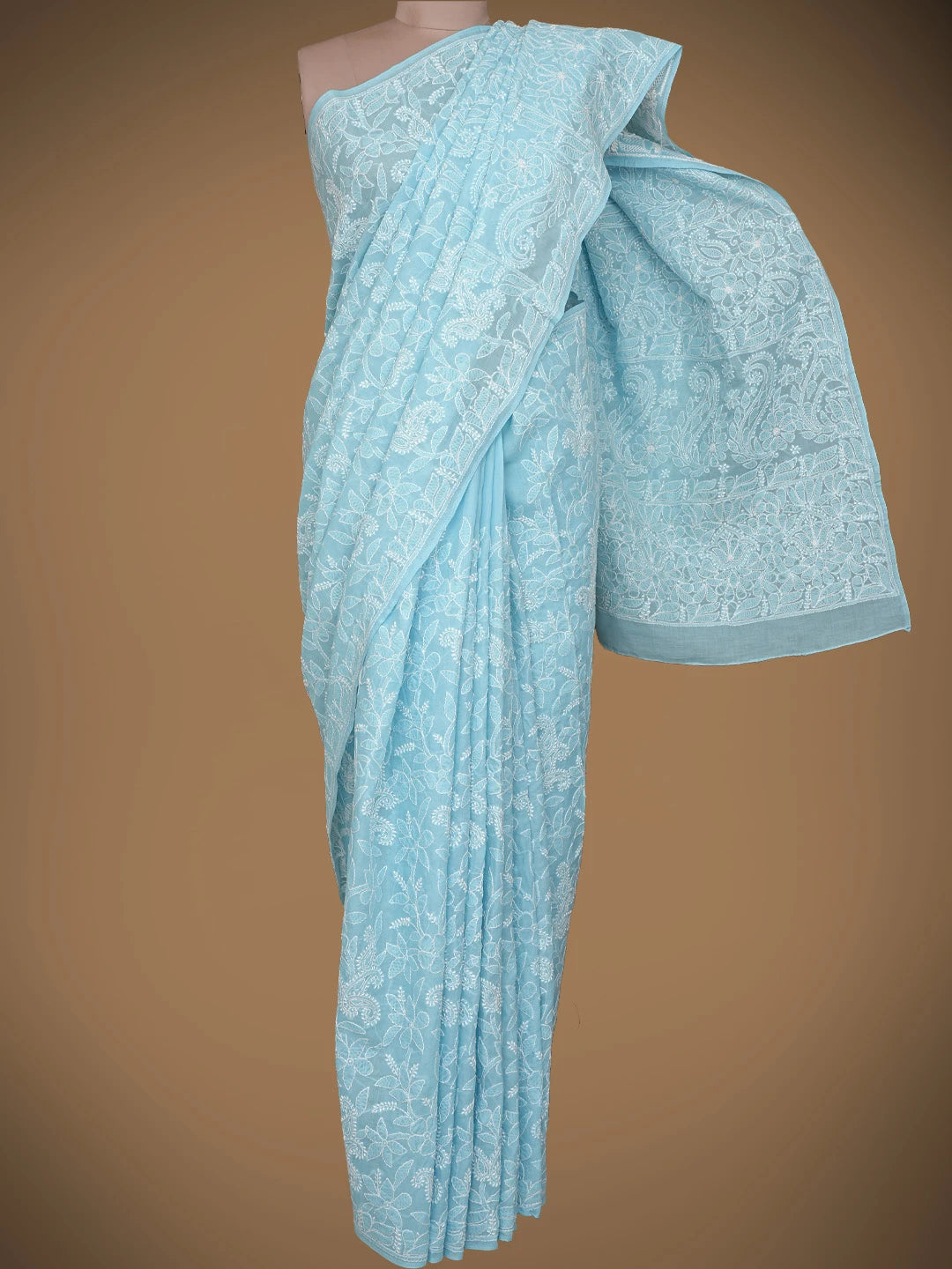 Ada Hand Embroidered Blue Cotton Lucknowi Chikankari Saree With Blouse 01A719271