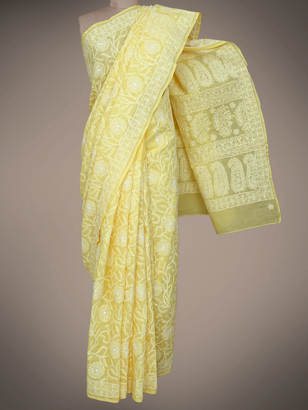 Ada Hand Embroidered Yellow Cotton Lucknowi Chikankari Saree With Blouse 01A785796