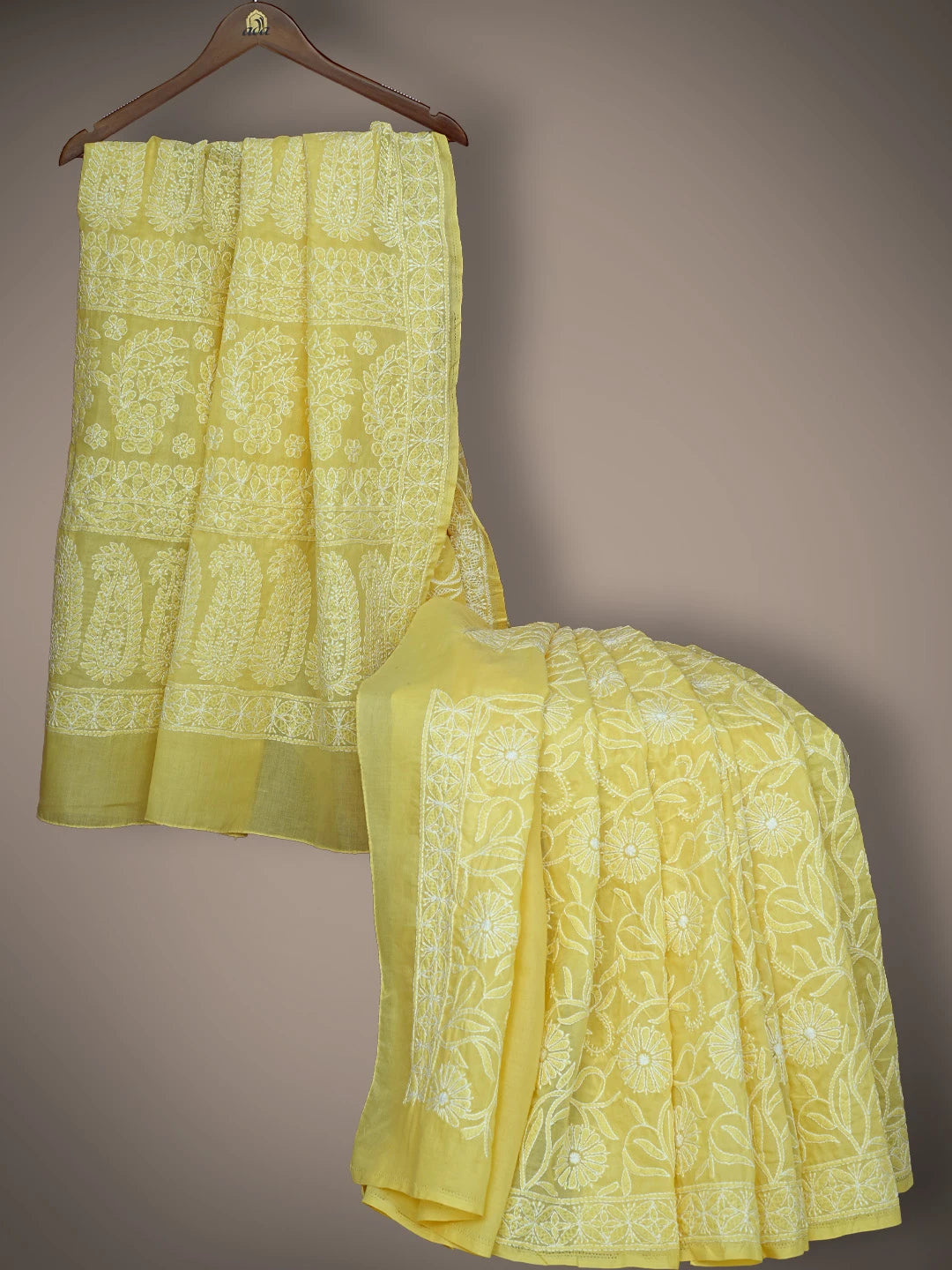 Ada Hand Embroidered Yellow Cotton Lucknowi Chikankari Saree With Blouse 01A785796