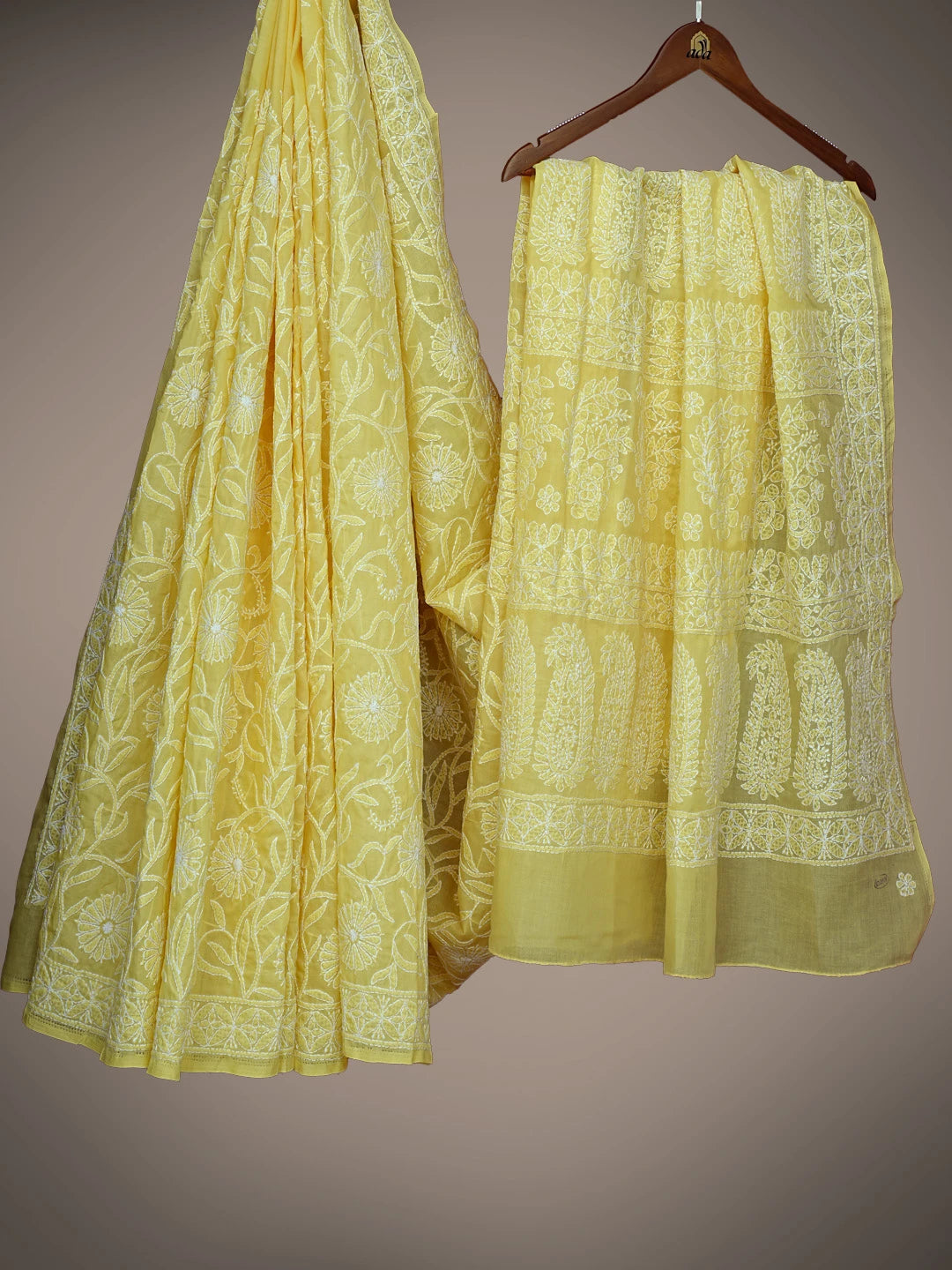 Ada Hand Embroidered Yellow Cotton Lucknowi Chikankari Saree With Blouse 01A785796