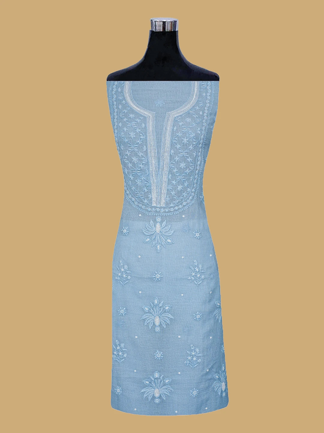 Ada Hand Embroidered Carolina Blue Kota Lucknowi Chikankari Unstitched Suit Piece With Cutdana Work 01A825291