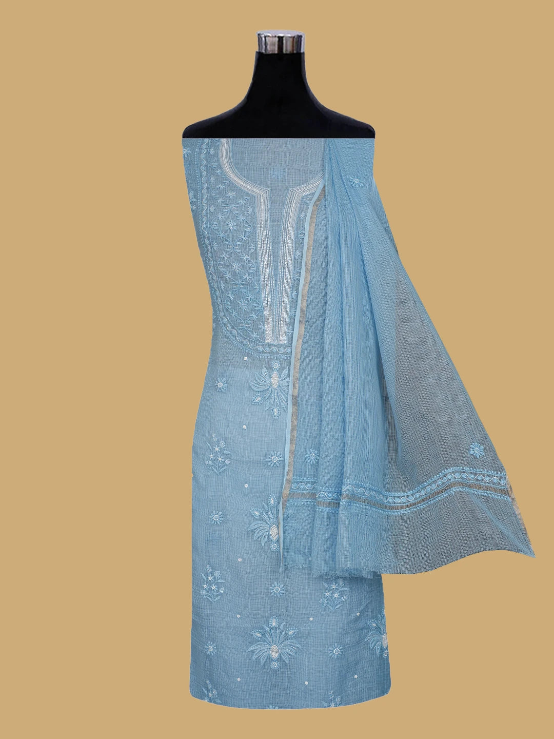 Ada Hand Embroidered Carolina Blue Kota Lucknowi Chikankari Unstitched Suit Piece With Cutdana Work 01A825291