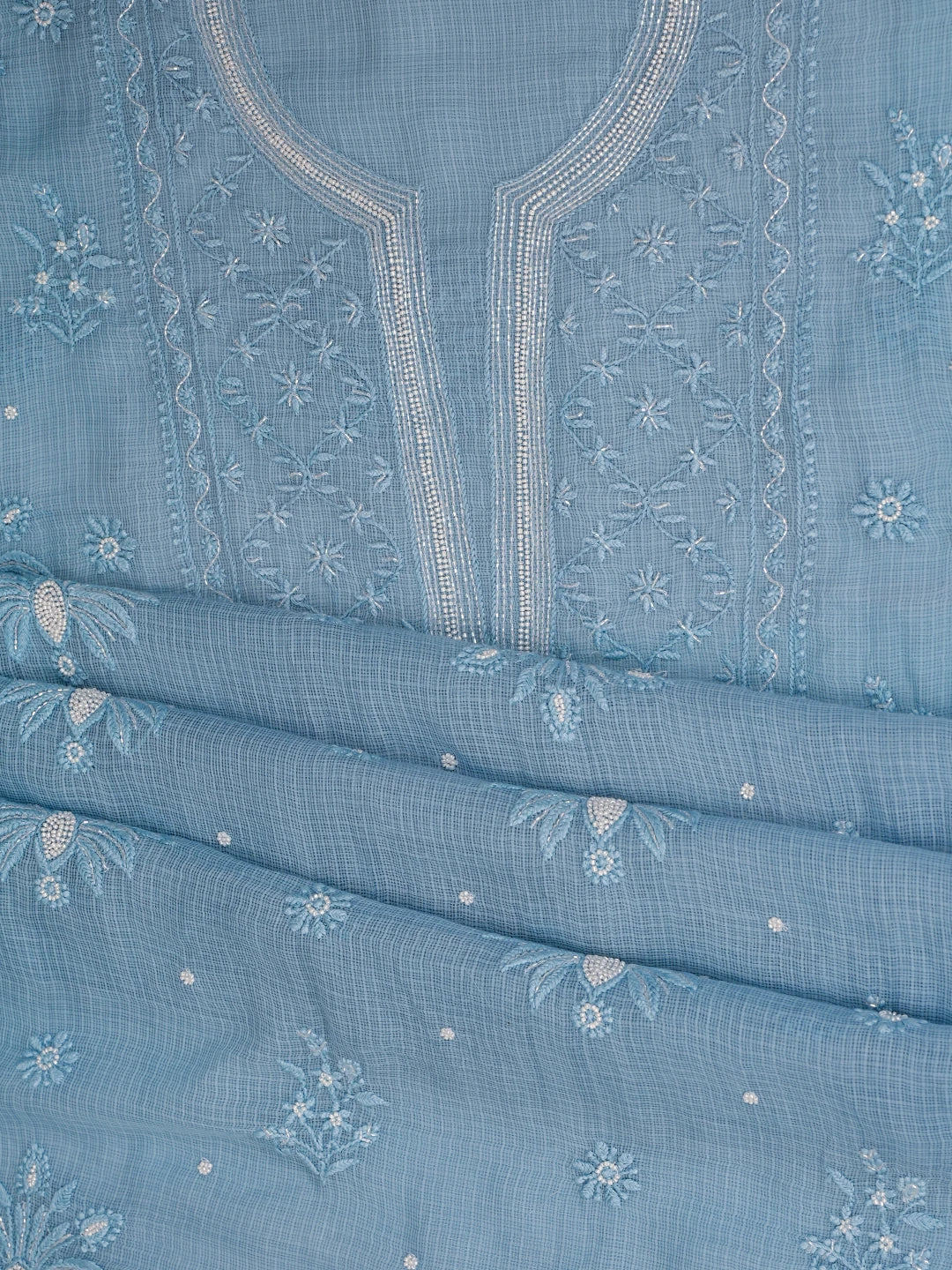 Ada Hand Embroidered Carolina Blue Kota Lucknowi Chikankari Unstitched Suit Piece With Cutdana Work 01A825291