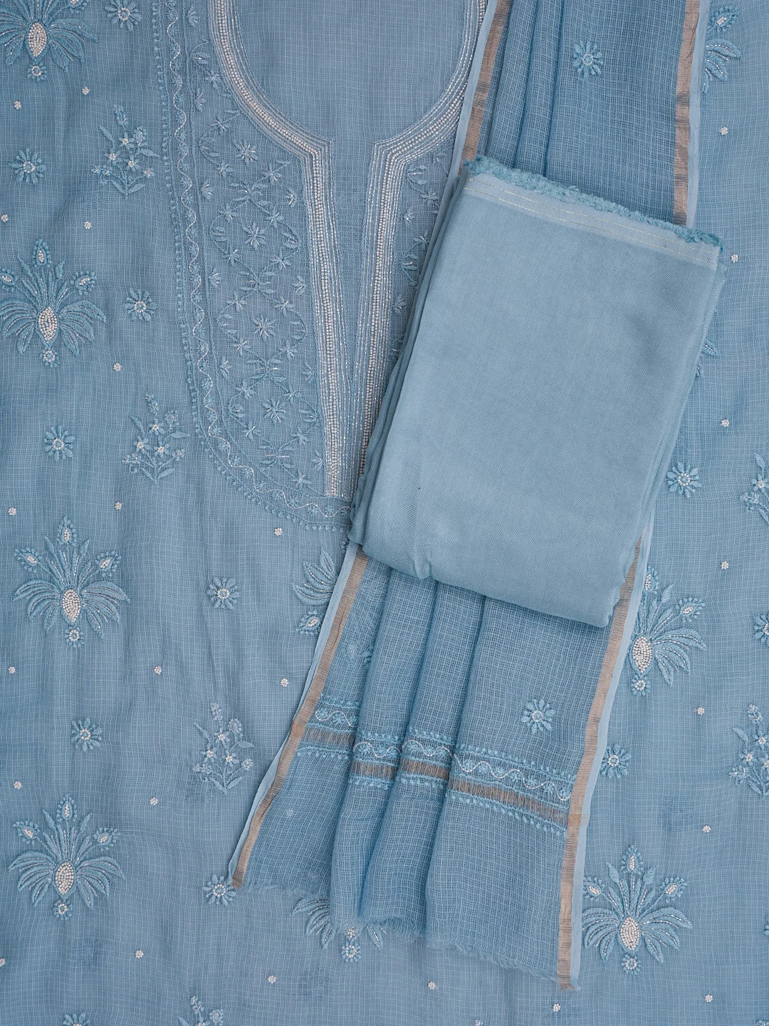 Ada Hand Embroidered Carolina Blue Kota Lucknowi Chikankari Unstitched Suit Piece With Cutdana Work 01A825291