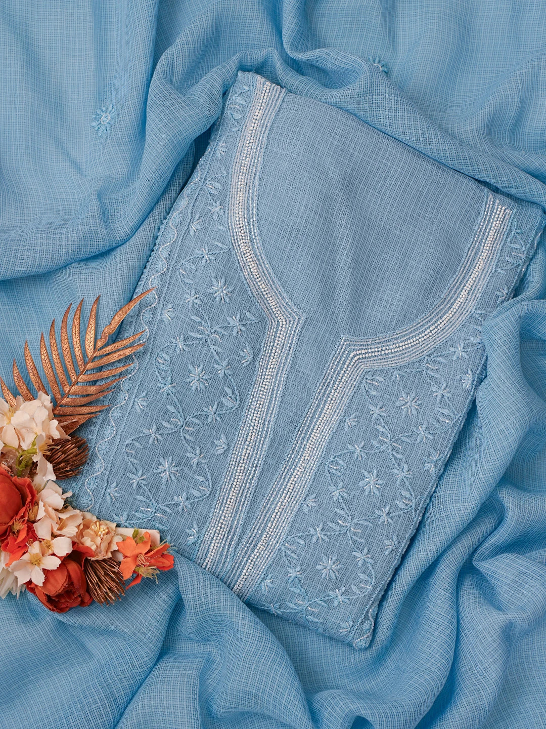 Ada Hand Embroidered Carolina Blue Kota Lucknowi Chikankari Unstitched Suit Piece With Cutdana Work 01A825291
