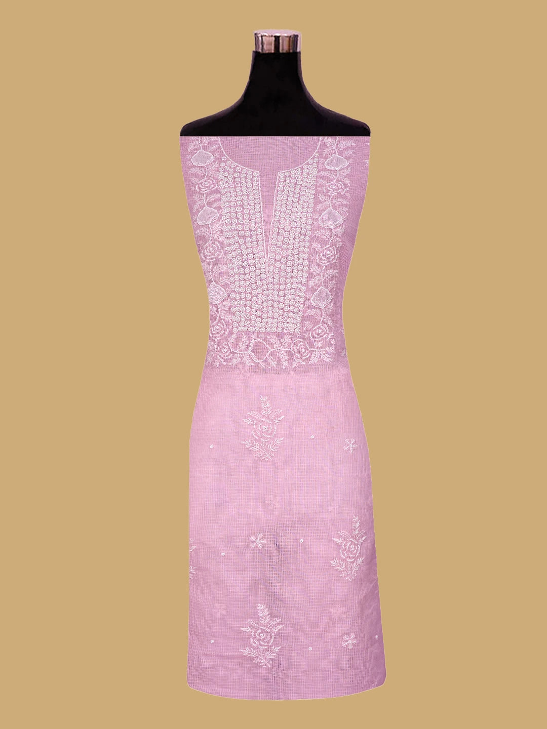 Ada Hand Embroidered Pink Kota Lucknowi Chikankari Unstitched Kurta Dupatta Set With Cutdana Work 01A812200