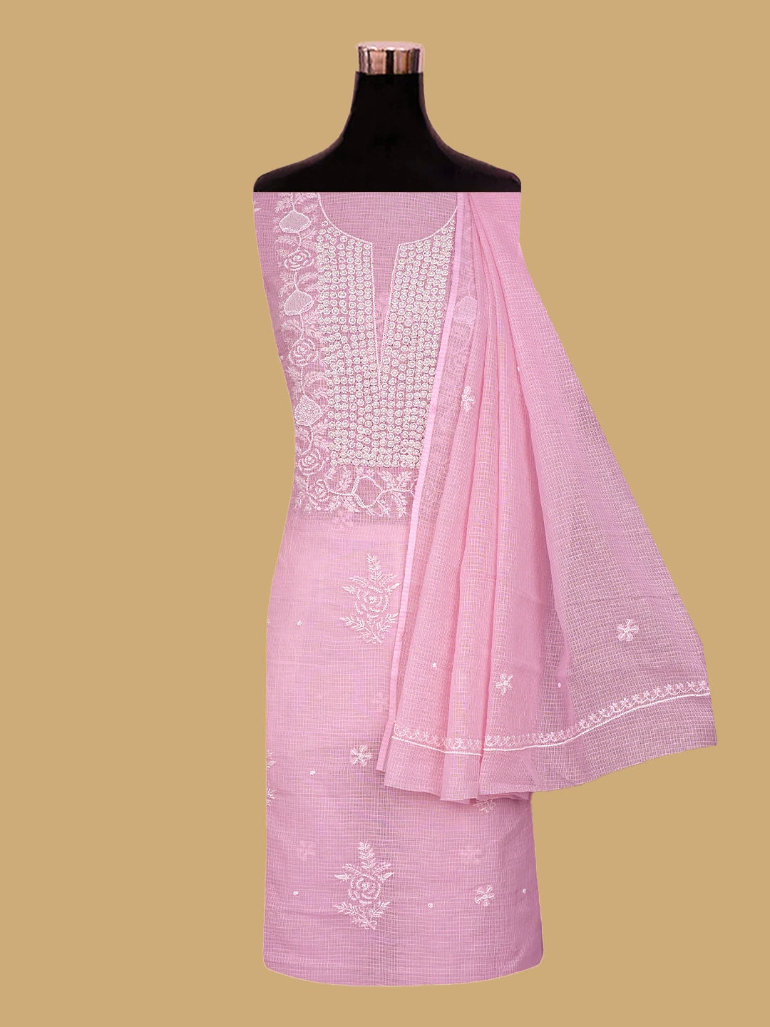 Ada Hand Embroidered Pink Kota Lucknowi Chikankari Unstitched Kurta Dupatta Set With Cutdana Work 01A812200