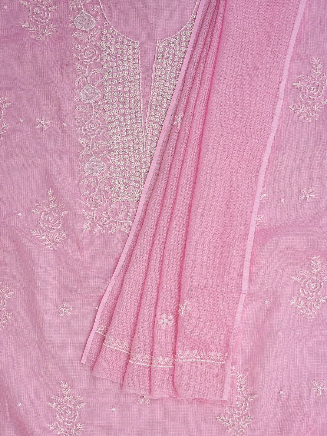 Ada Hand Embroidered Pink Kota Lucknowi Chikankari Unstitched Kurta Dupatta Set With Cutdana Work 01A812200