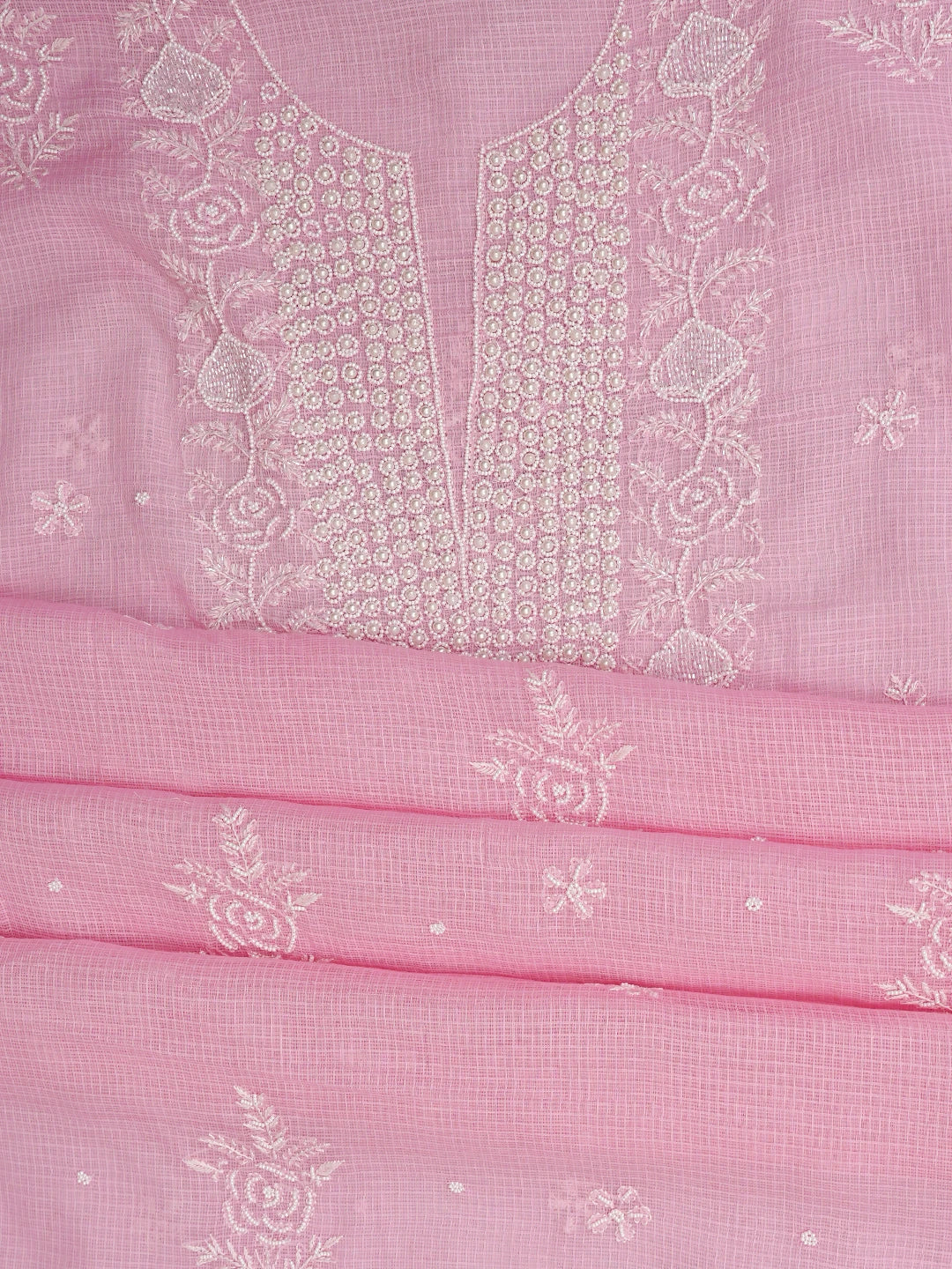 Ada Hand Embroidered Pink Kota Lucknowi Chikankari Unstitched Kurta Dupatta Set With Cutdana Work 01A812200