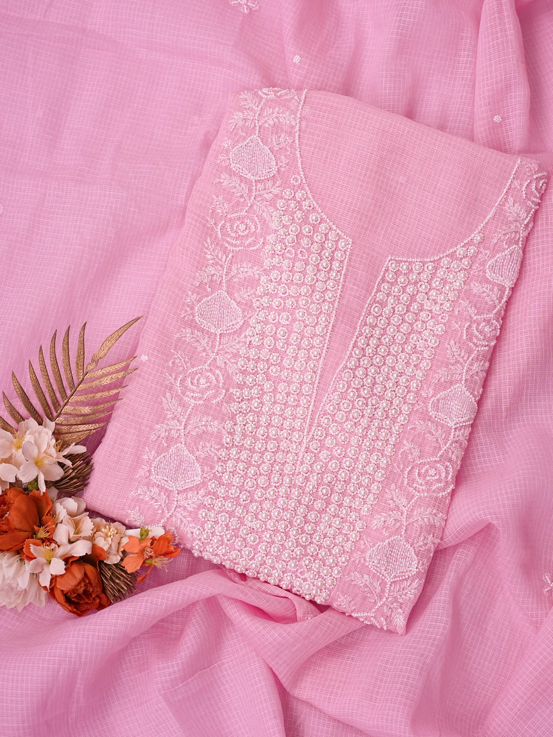 Ada Hand Embroidered Pink Kota Lucknowi Chikankari Unstitched Kurta Dupatta Set With Cutdana Work 01A812200